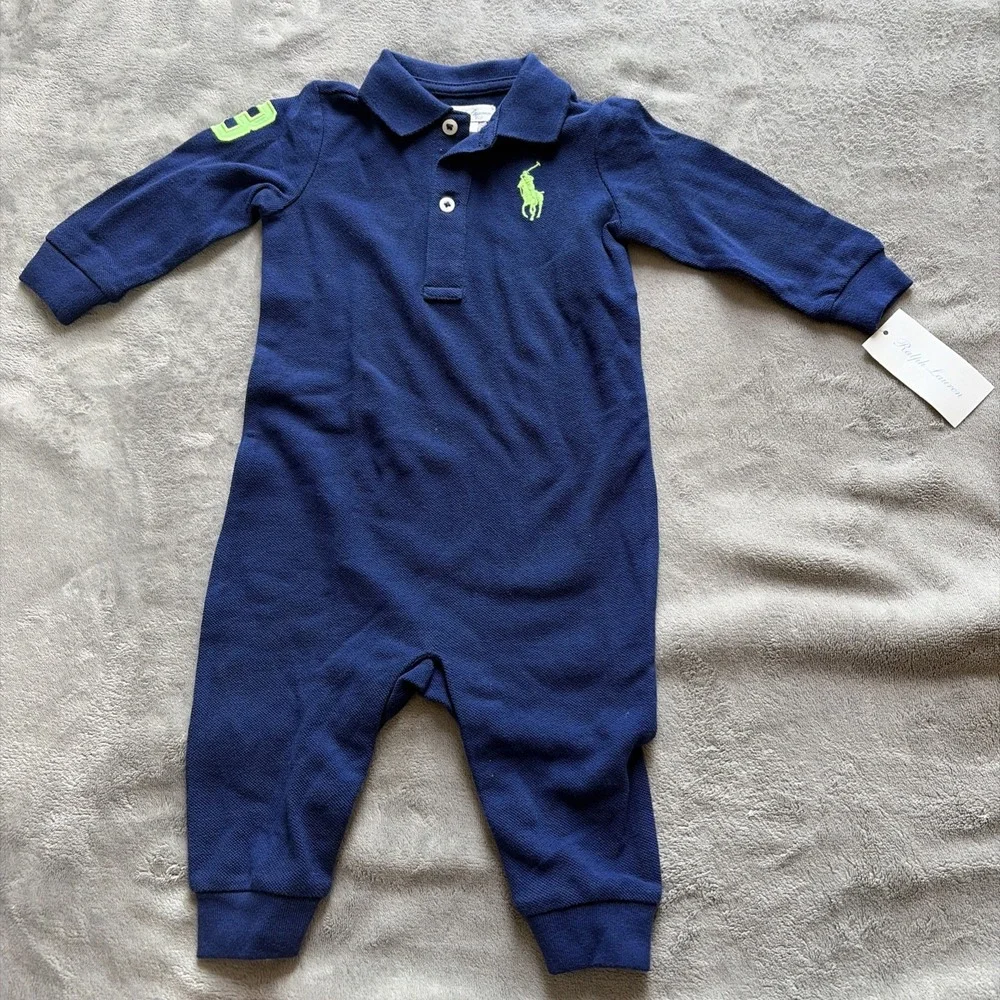 Polo Ralph Lauren Romper Boys Preppy Pony Blue Yellow 6M Months - NWT